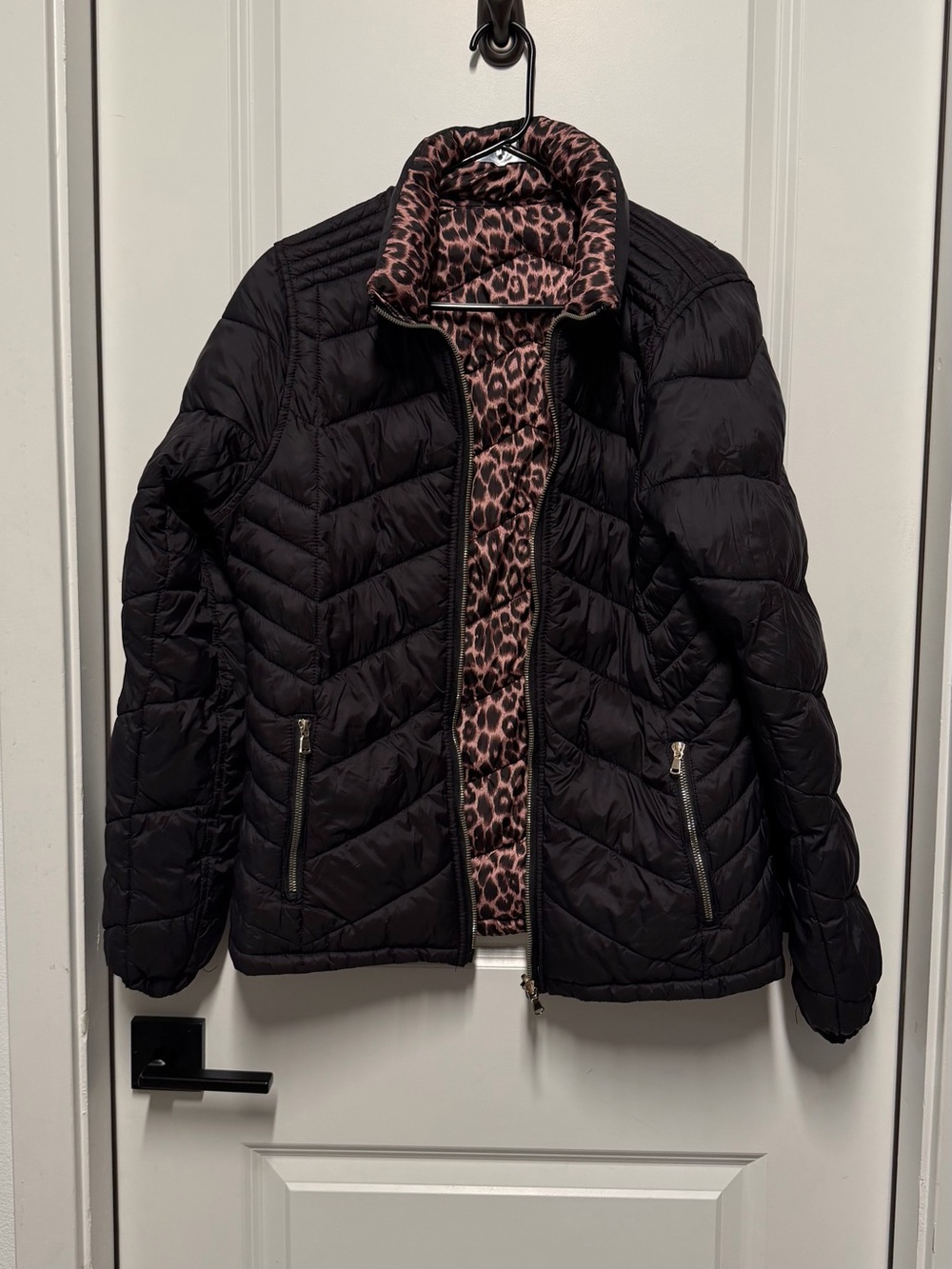Smedbiat Reversible Puffer Jacket 1X Black Leopard Print Quilted Coat